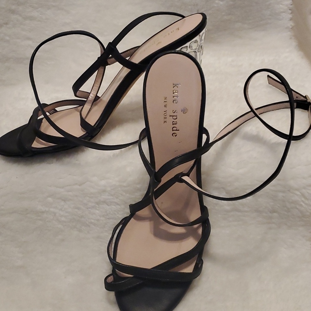 Kate Spade Fiandra Black Leather Jeweled Ankle Strapped Heels SZ 7